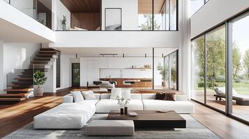 Sophisticated Living Room Style with Open Plan and Large Windows photo