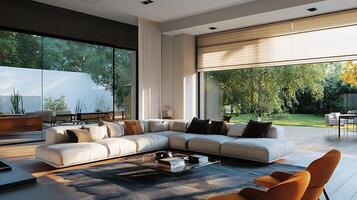 Spacious Living Room with Large Windows and Sleek Design Elements photo