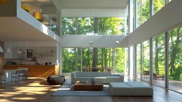 Sophisticated Open Living Room with Oversized Windows and Style photo
