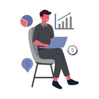 Illustration of Man Working on Laptop with Financial Data vector