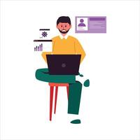 Illustration of Man Working on a Laptop with Data Analysis vector