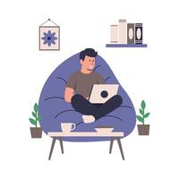Illustration of Man Working on a Laptop in Cozy Workspace vector