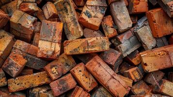 Old red bricks made of hard clay used in construction photo