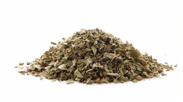 Heap of Dried Basil Aromatic Herbs Isolated on White Background. photo