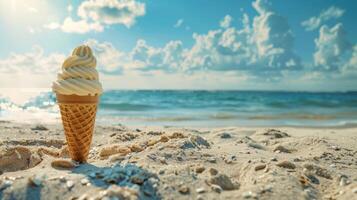 Ice Cream Cone Planted in the Sand with the Sea in the Background. photo