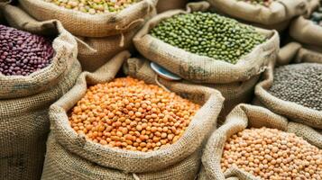 Sacks filled with colorful legumes beautifully displayed photo
