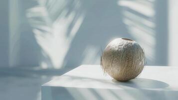 Single Coconut Shell Resting on White Surface With Palm Tree Shadow photo
