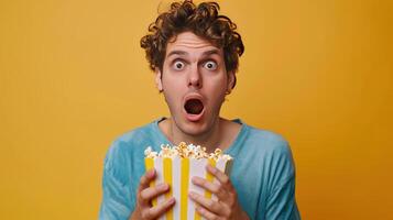 Shocked Man Holding Popcorn Against Yellow Background photo