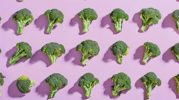 Fresh Green Broccoli Arranged on Pink Background photo