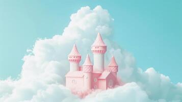 Pink Castle Floating Among Fluffy White Clouds in a Daytime Sky photo
