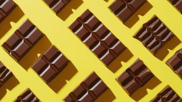 Diagonal Pattern of Dark Chocolate Bars on Yellow Background photo