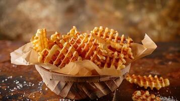 Crispy Waffle Fries in a Wooden Bowl photo