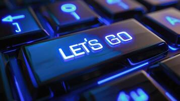 Close Up of Blue Illuminated Keyboard With Lets Go Key photo