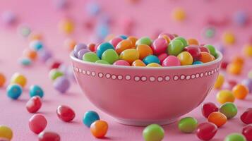 Pink Bowl Filled With Colorful Candies on Pink Surface photo