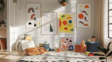 Playroom With Colorful Abstract Artwork and Sunlit Floor photo