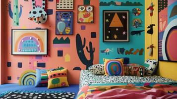 Colorful and Playful Bedroom Decor With Geometric Patterns and Rainbow Accents photo