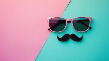 Pink Sunglasses and Black Mustache on a Pink and Teal Background photo