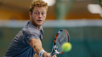 Male Tennis Player Readies to Serve During Indoor Match photo