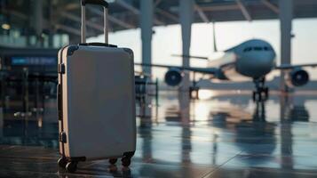 Silver Suitcase Sitting On Airport Tarmac With Airplane In Background photo