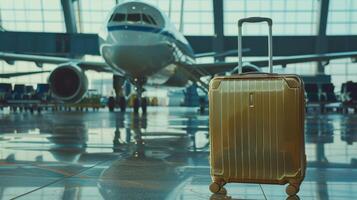Gold Suitcase Resting In Front Of An Airplane At An Airport Gate photo