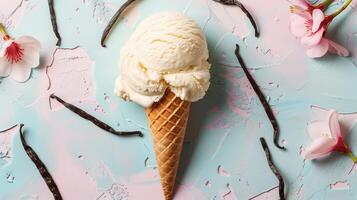 Vanilla Ice Cream Cone With Flowers and Vanilla Beans photo