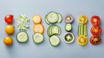 Freshly Sliced Vegetables Arranged on a Blue Background photo