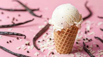 Vanilla Ice Cream Cone With Vanilla Beans and White Chocolate on Pink Background photo