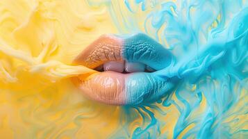 Close Up of Lips in Yellow and Blue Paint Swirls photo