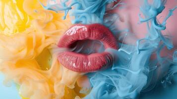 Close-Up of Pink Lips Surrounded by Blue and Yellow Ink Swirls photo