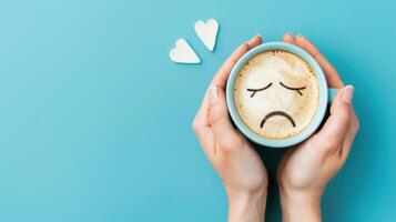 A Cup of Coffee With a Sad Face Drawn in Foam on a Blue Background photo