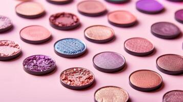 A Colorful Palette of Eyeshadows Arranged on a Soft Pink Background photo