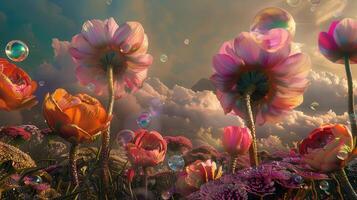 A Dreamy Field of Flowers and Floating Bubbles at Sunset photo