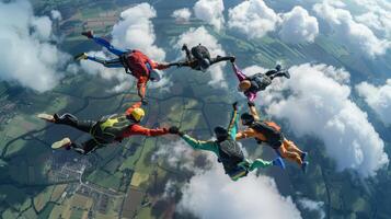 Skydiving Team Forms Human Star Above Countryside Clouds photo