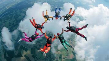 Skydivers Form a Colorful Circle Above a Serene Landscape photo