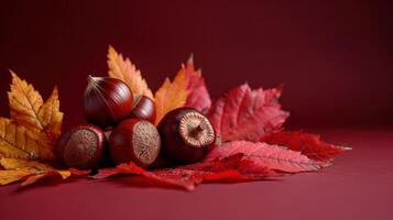 A Cluster of Autumn Chestnuts Nestled Amongst Crimson Leaves photo