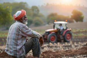 Senior Indian Farmer Working with a Tractor in an Agricultural Field, Demonstrating Traditional Farming Techniques photo