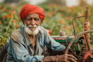 Senior Indian Farmer Working with a Tractor in an Agricultural Field, Demonstrating Traditional Farming Techniques photo