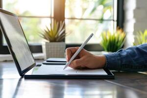 A man is writing on a laptop with a pen and a pen on a table photo