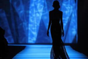 A woman in a black dress walking down a runway photo
