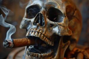 A close up of a skull with a cigar in its mouth photo