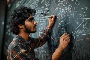 A young man writing on a blackboard photo