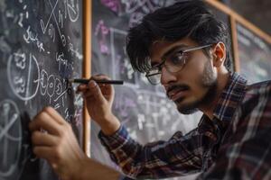 A young man in glasses writing on a blackboard photo