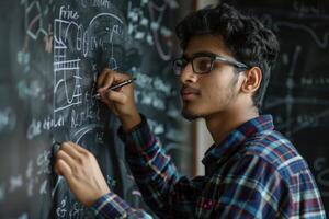 A young man writing on a blackboard photo