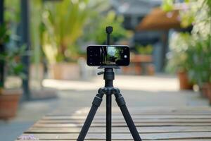 A smartphone on a tripod with a plant in the background photo