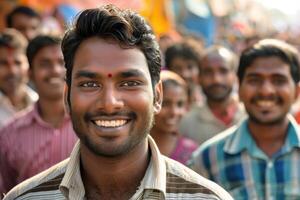 A man smiles in front of a crowd of people photo