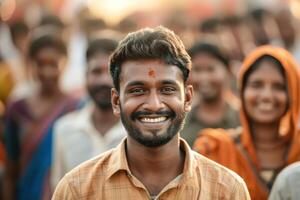 A man smiles in front of a crowd photo