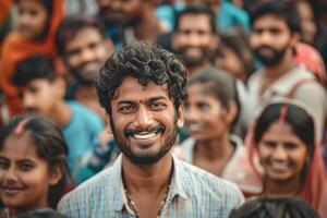 A man smiles in front of a crowd of people photo