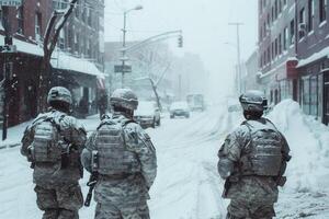 Three soldiers stand in the snow on a city street photo