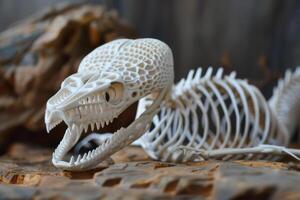A 3d printed skeleton of a lizard laying on a rock photo