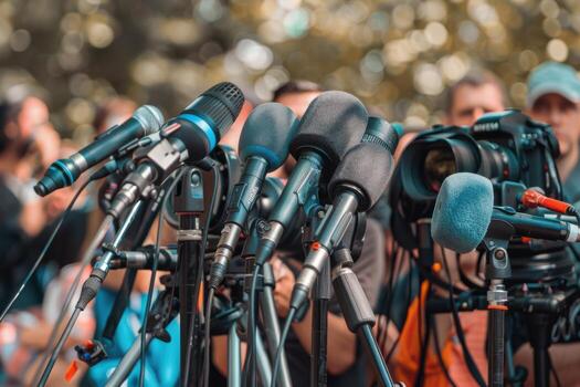 Spokesperson at a Podium Addressing News Media with Multiple Microphones Present photo